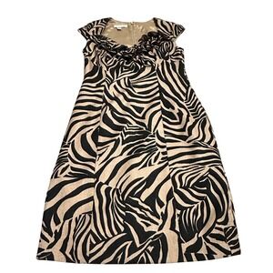 Kay Unger New York Zebra Print Ruffle Neck Sheath Dress Tan Black Size 8